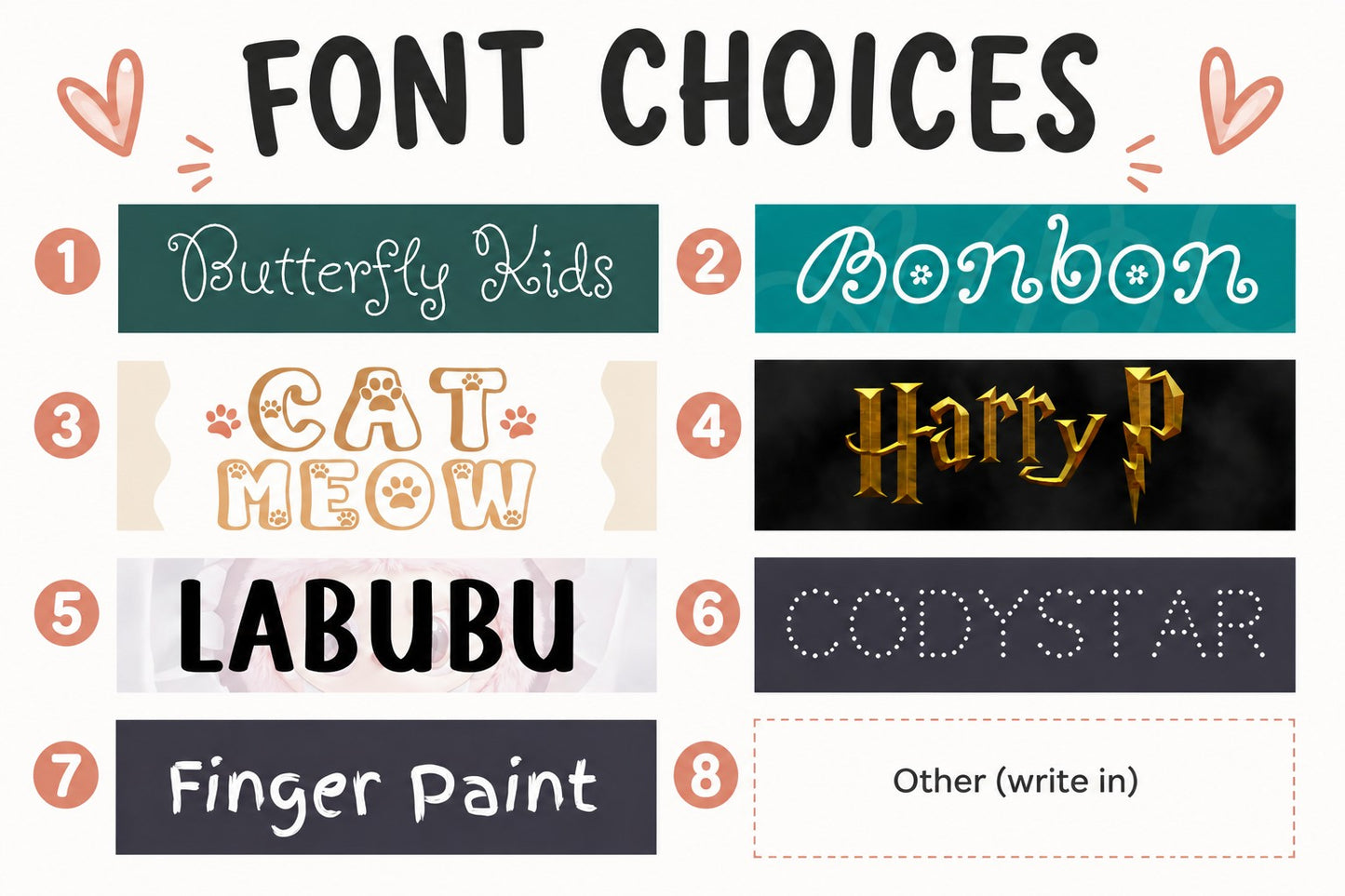 Miles Above Marketing font options for personalized Owala kids tumbler engraving featuring eight distinct styles.