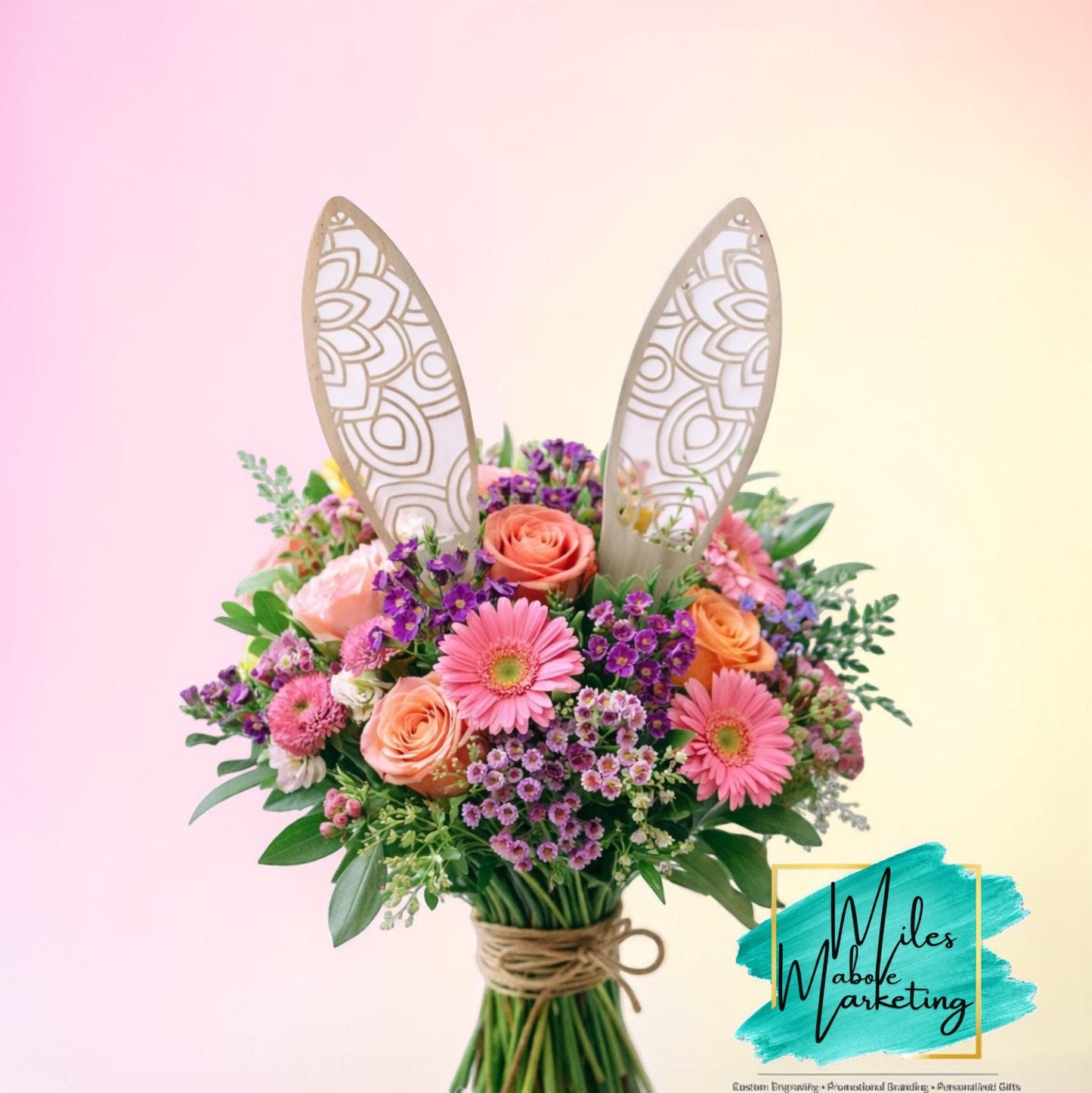 Mandala Wood Bunny Ear Vase Topper | Easter Floral Insert