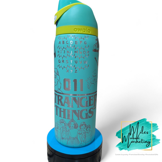 A Stranger Things inspired engraved 32 oz Owala Stainless Steel Water Bottle