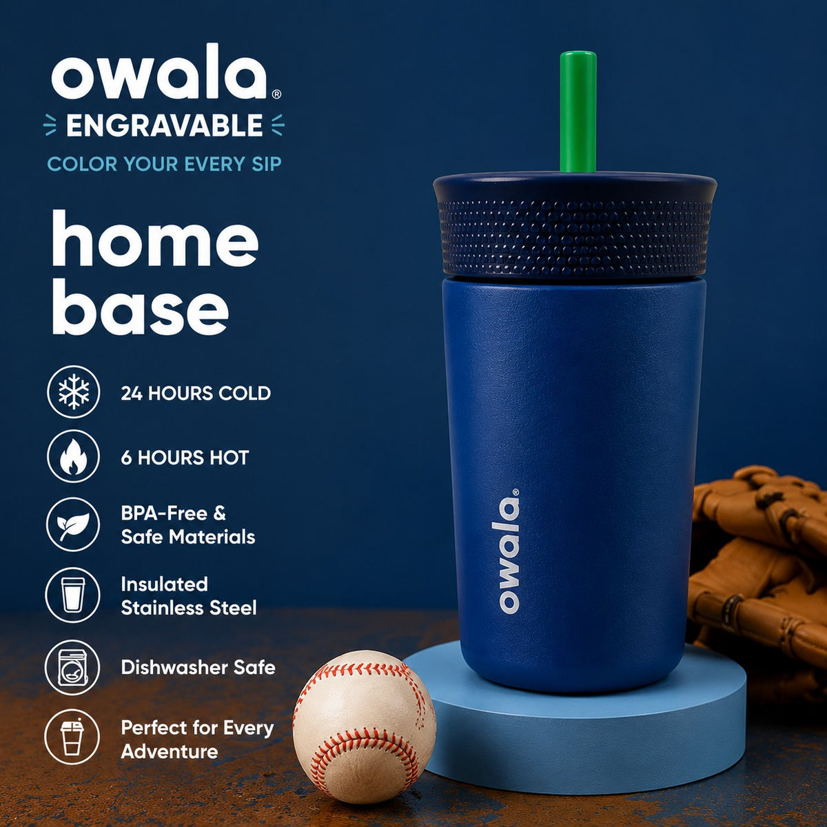 Miles Above Marketing personalized 12oz Owala Kids Tumbler in Home Base blue with green straw and baseball theme