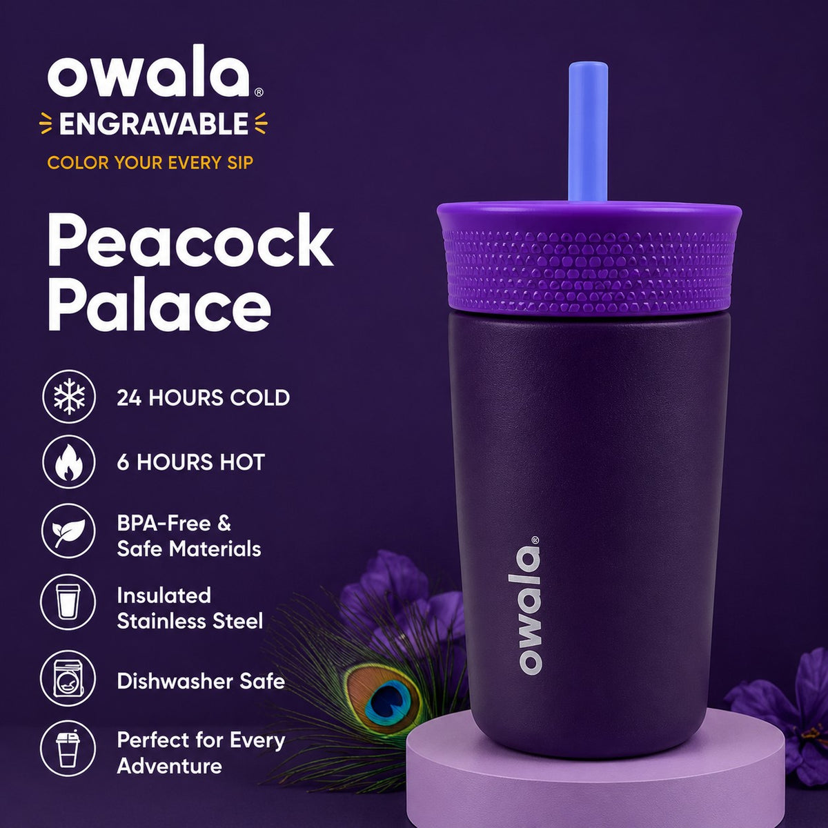 Miles Above Marketing personalized Owala 12oz kids tumbler in Peacock Palace purple stainless steel with straw