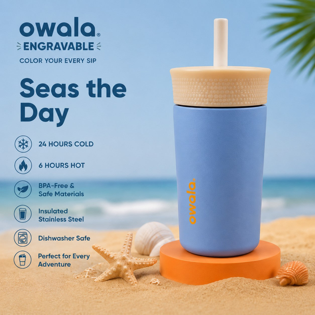 Miles Above Marketing personalized Owala 12oz stainless steel kids tumbler in Seas the Day blue on a sandy beach