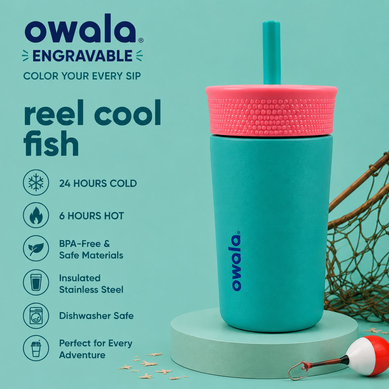 Miles Above Marketing personalized Owala Kids 12oz insulated stainless steel tumbler in Reel Cool Fish teal color