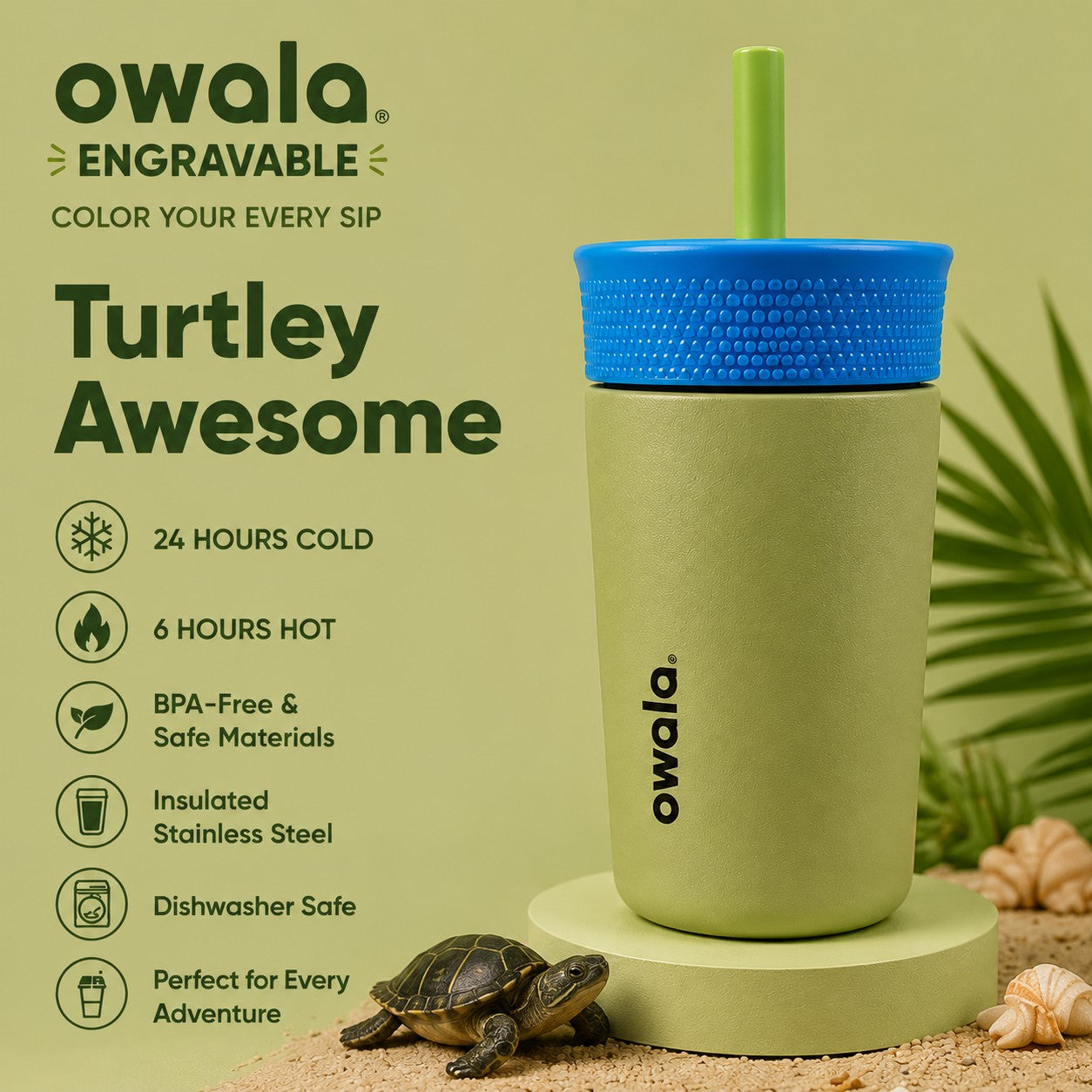 Miles Above Marketing personalized Owala Kids 12oz stainless steel tumbler in Turtley Awesome green with blue lid