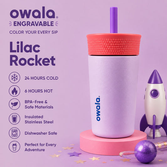 Miles Above Marketing personalized lilac Owala kids stainless steel tumbler with straw and rocket ship decor