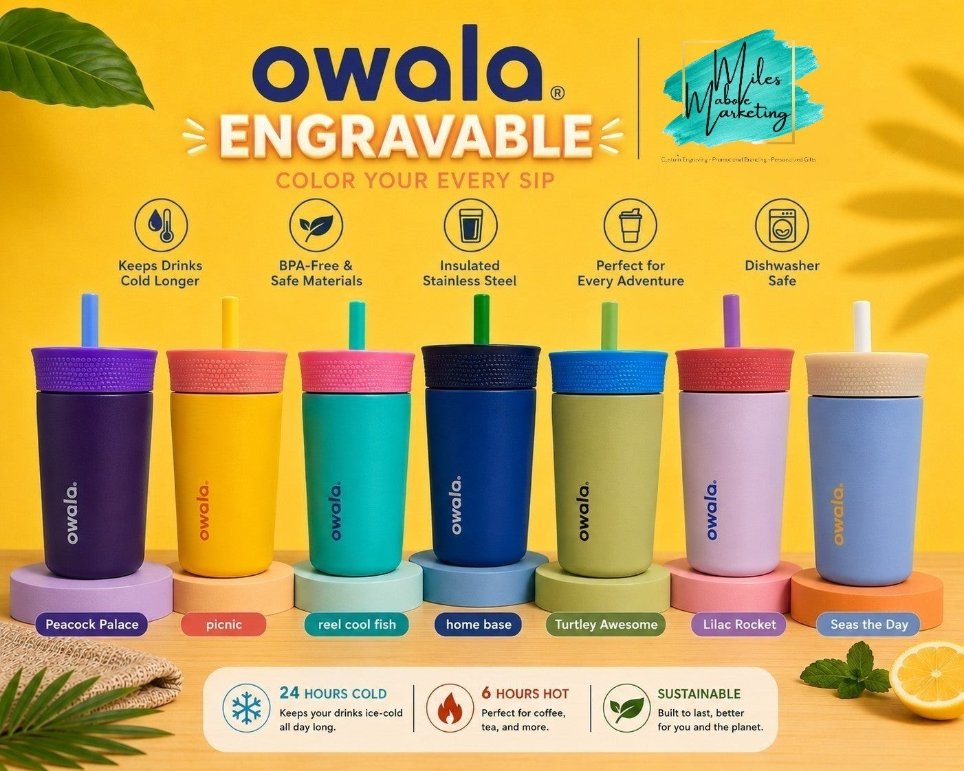 Miles Above Marketing personalized Owala 12oz stainless steel kids tumblers in seven vibrant colors with straws