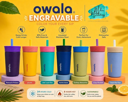Miles Above Marketing personalized Owala 12oz stainless steel kids tumblers in seven vibrant colors with straws