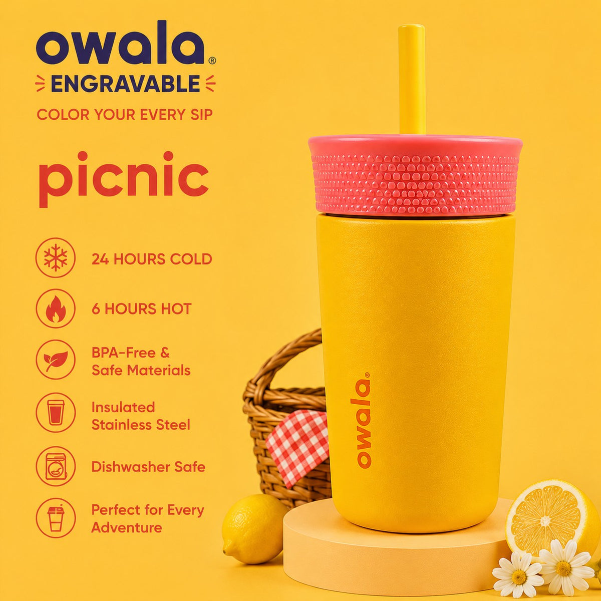 Miles Above Marketing personalized yellow Owala kids tumbler in Picnic color with pink lid and straw on yellow background