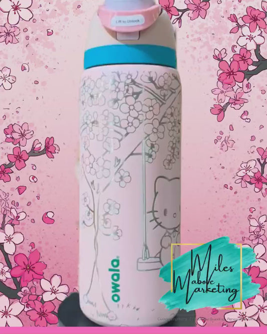 32oz Engraved Owala Water Bottle – Kitty & Friend Cherry Blossom Design | Cute Floral Cat Tumbler | Laser Engraved Bottle