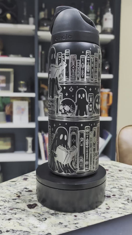 Spooky Book Lover Owala® | Personalized Halloween Ghost & Books Engraved Water Bottle
