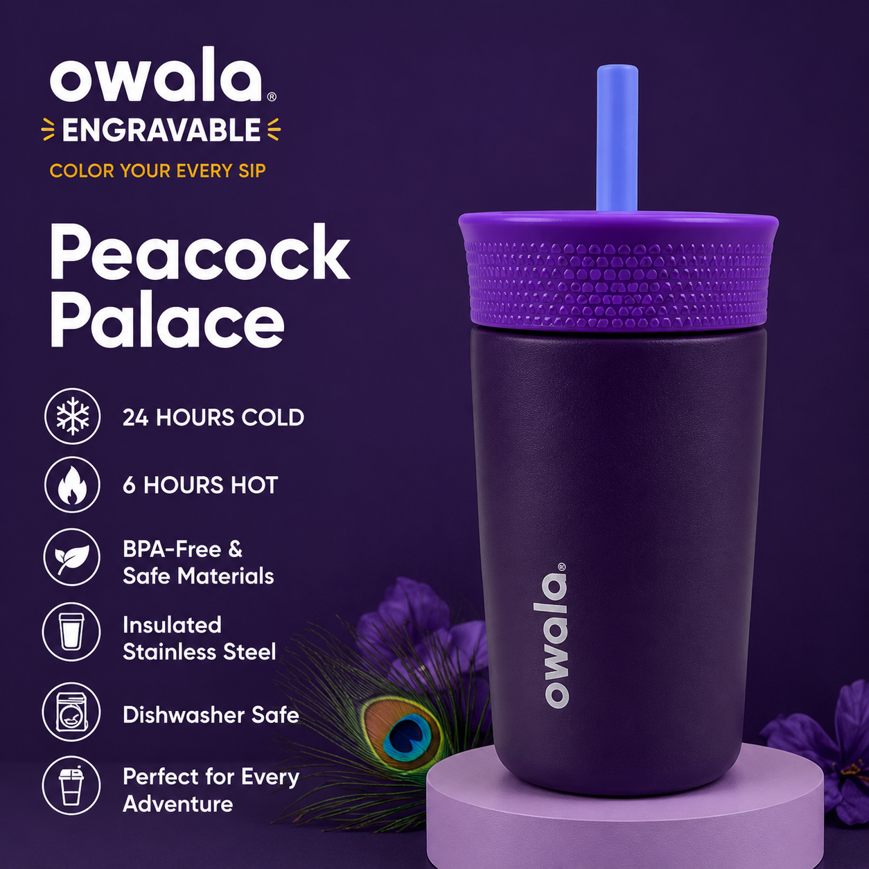 Personalized Engraved Owala Kids Tumbler | Custom Name Water Bottle | 12oz Insulated Stainless Steel Cup | Kids Gift