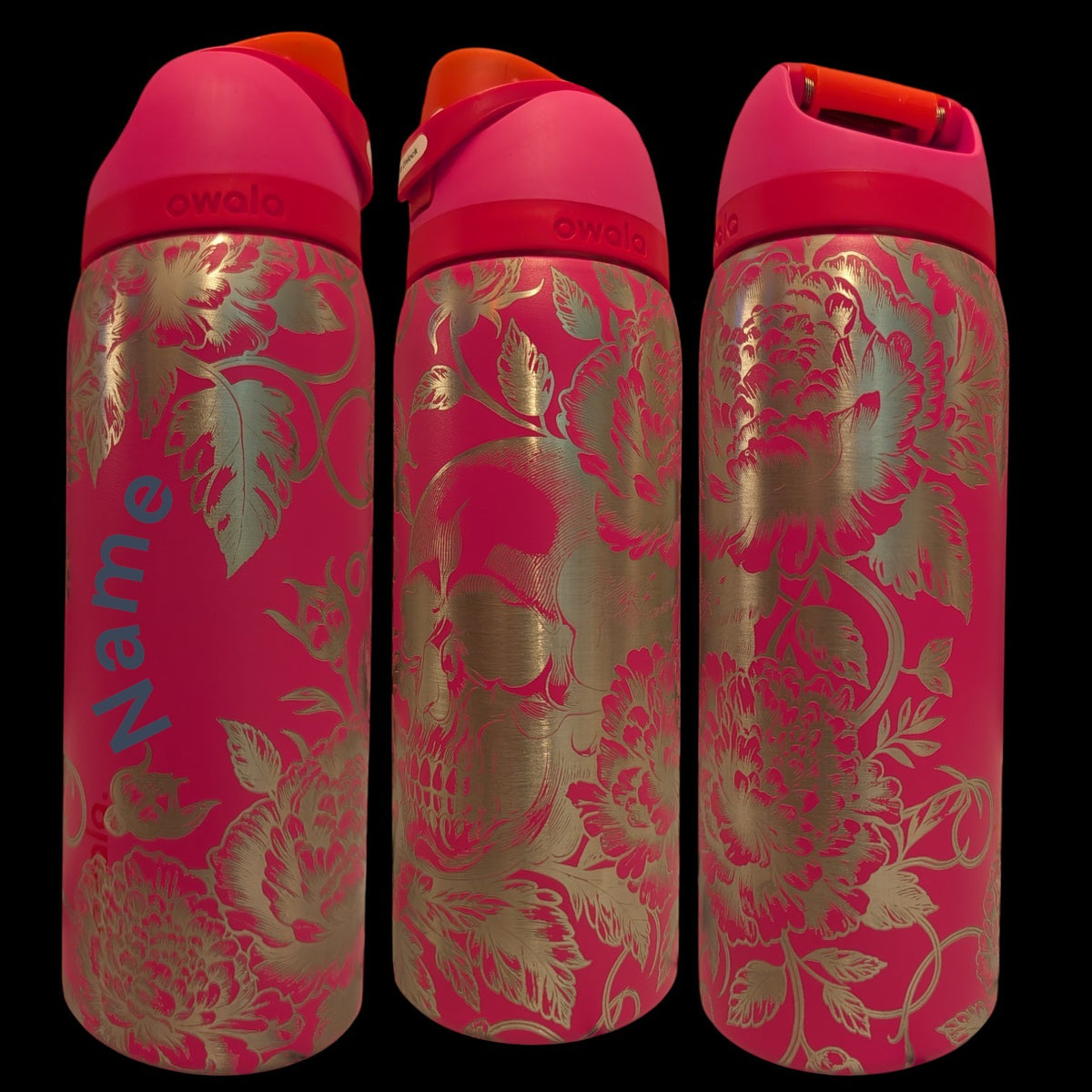 Personalized Floral Skull Owala Water Bottle | Engraved Flower & Skull Design | Custom Name Tumbler