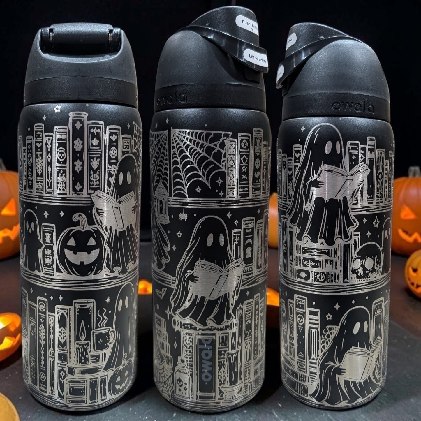 Spooky Book Lover Owala® | Personalized Halloween Ghost & Books Engraved Water Bottle