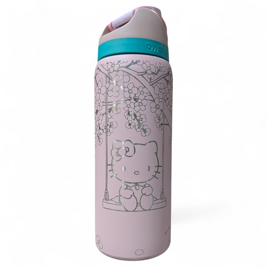 32oz Engraved Owala Water Bottle – Kitty & Friend Cherry Blossom Design | Cute Floral Cat Tumbler | Laser Engraved Bottle