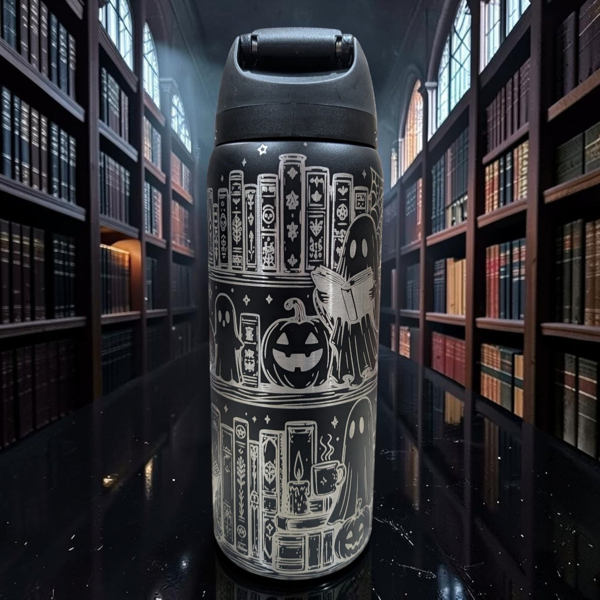 Spooky Book Lover Owala® | Personalized Halloween Ghost & Books Engraved Water Bottle