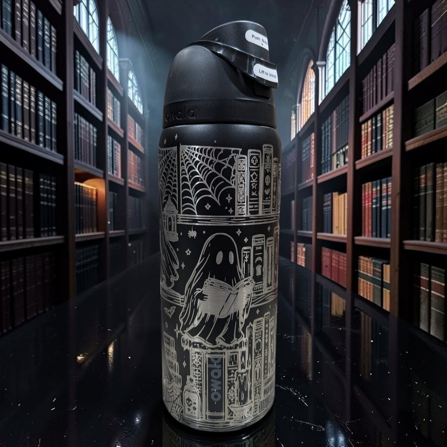 Spooky Book Lover Owala® | Personalized Halloween Ghost & Books Engraved Water Bottle