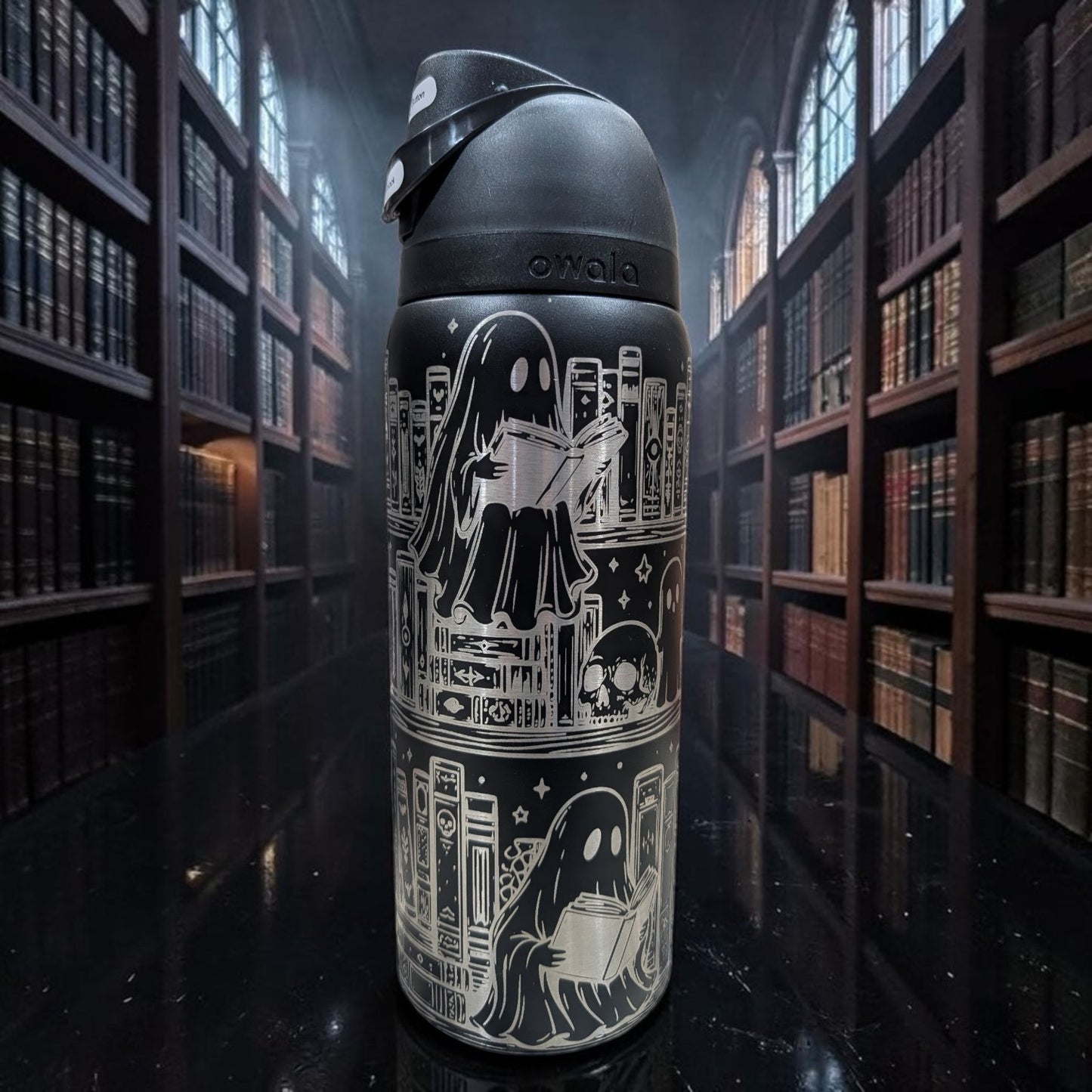 Spooky Book Lover Owala® | Personalized Halloween Ghost & Books Engraved Water Bottle